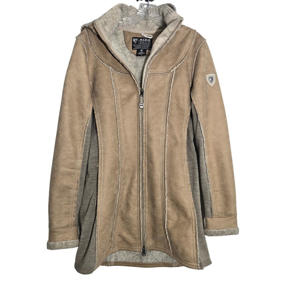 KUHL Sz M Women Dani Sherpa Lined Suede Fleece Trench Jacket Tan Full Zip Hooded